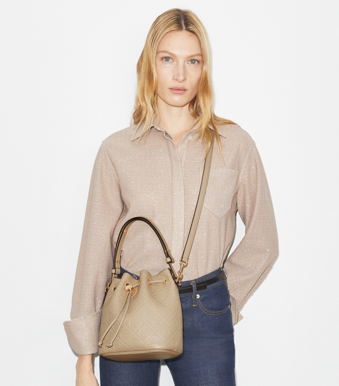 T Monogram Pebbled Bucket Bag