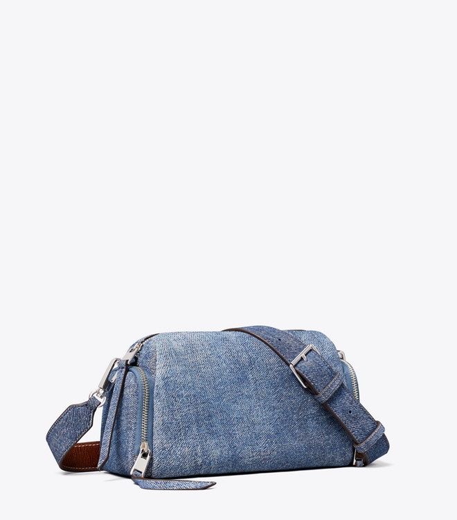 Perry Denim-Print Suede Voyager Crossbody Bag