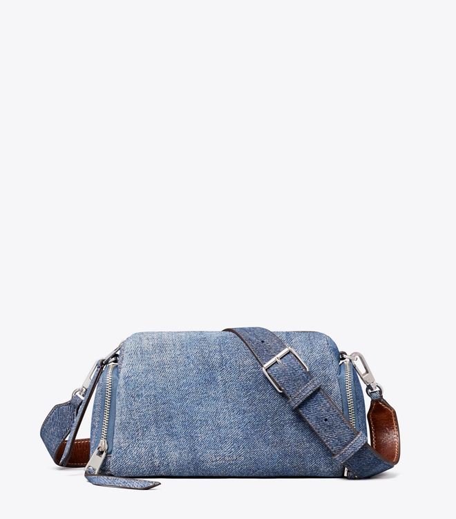 Perry Denim-Print Suede Voyager Crossbody Bag