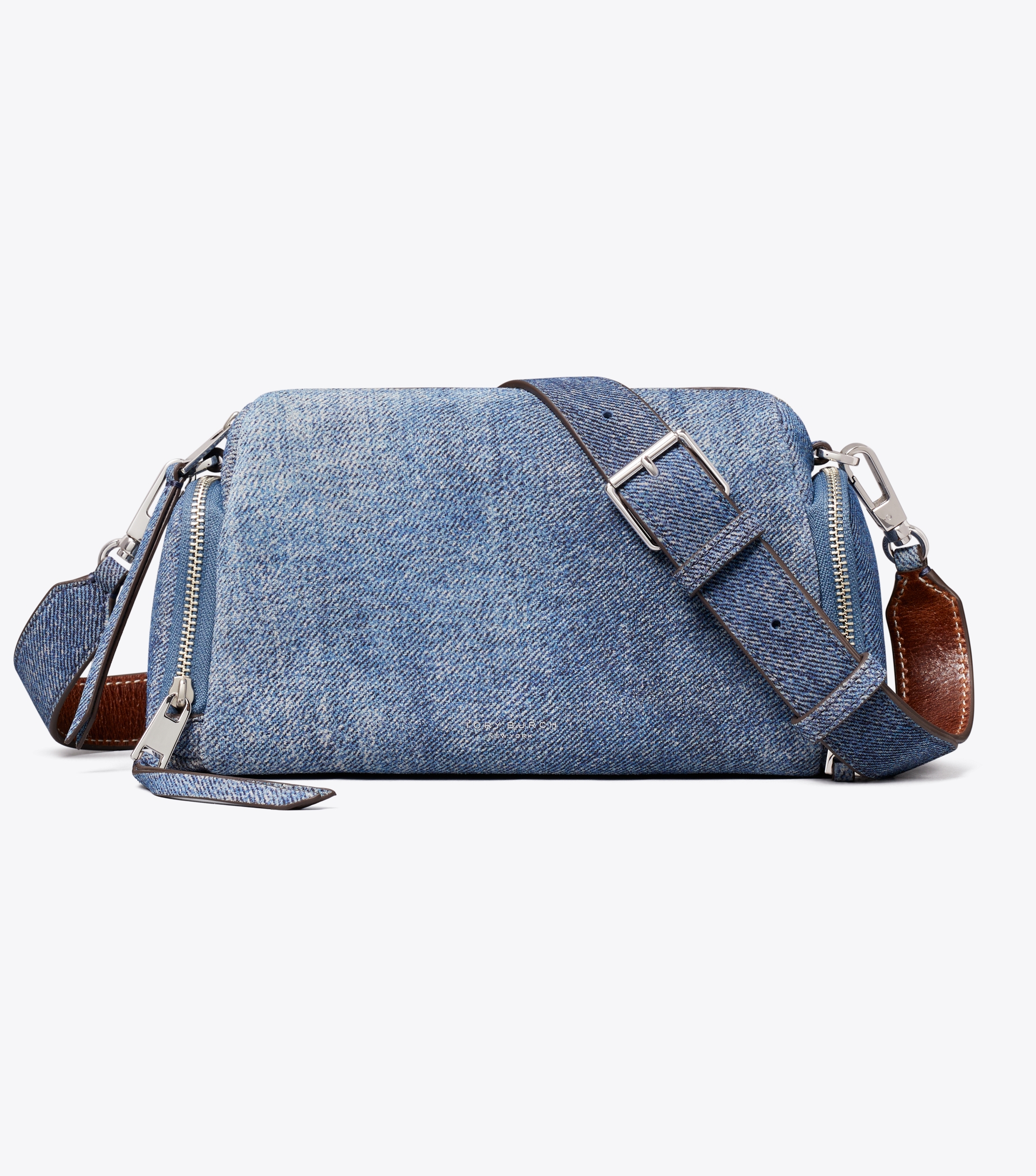 Perry Denim-Print Suede Voyager Crossbody Bag image number 0