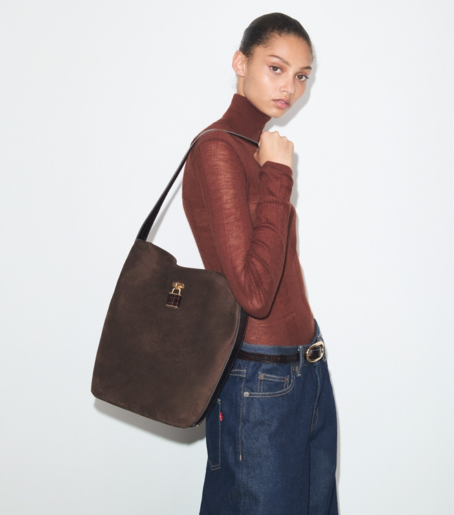 Lock Suede Slim Bucket Bag