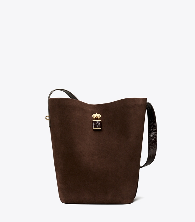 Lock Suede Slim Bucket Bag