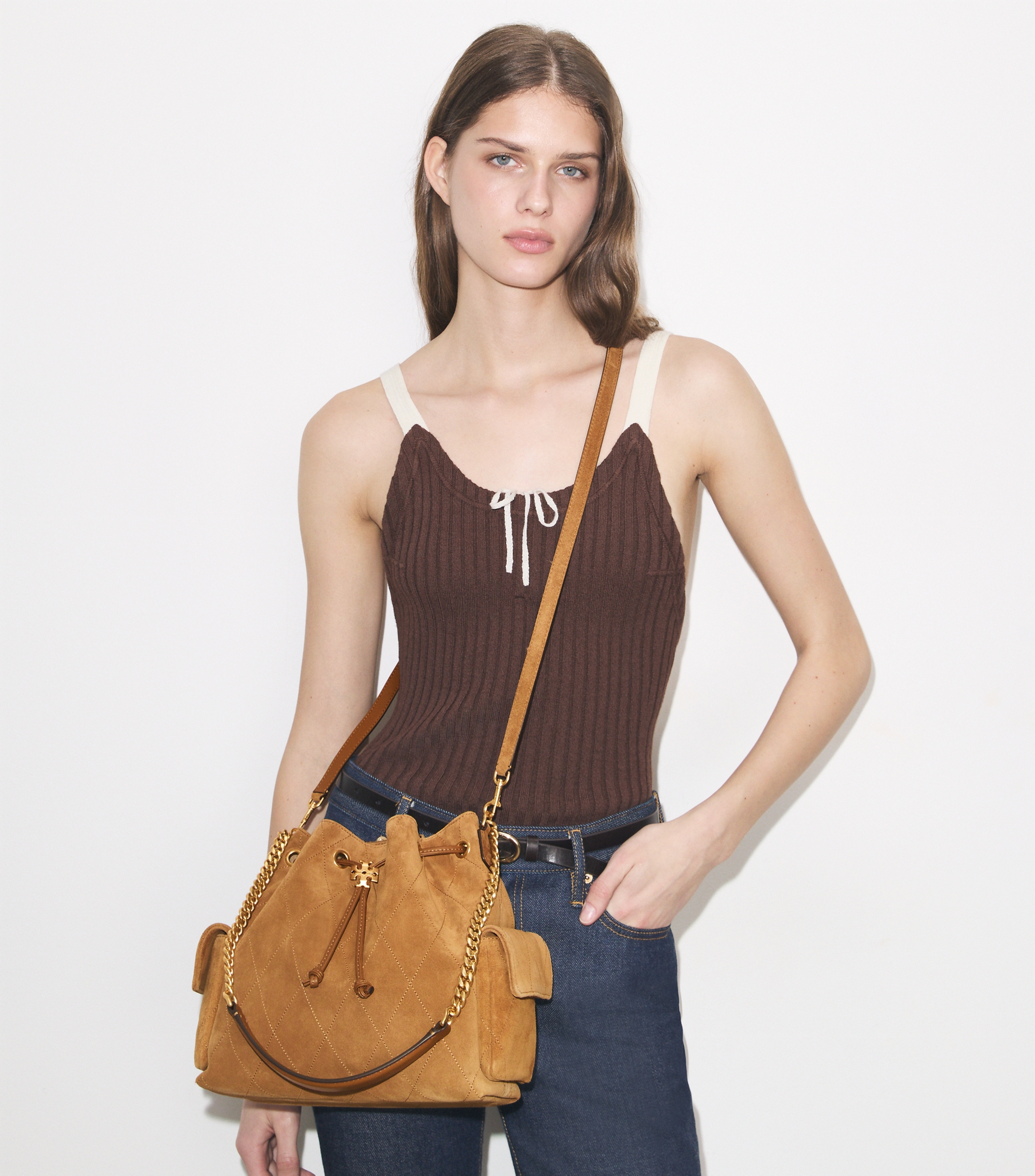 Charlie Quilted Suede Drawstring Shoulder Bag image number 1