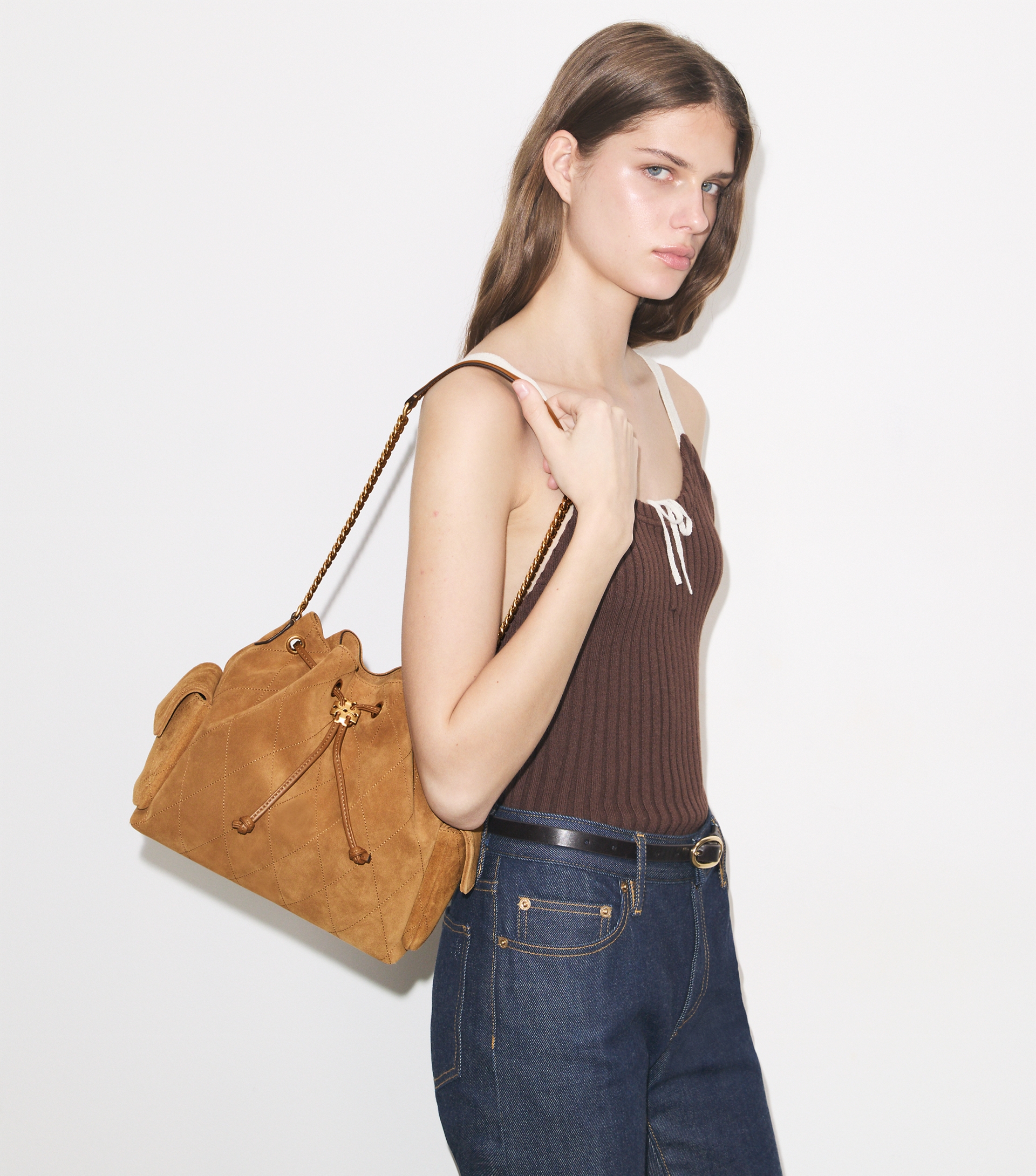 Charlie Quilted Suede Drawstring Shoulder Bag image number 2