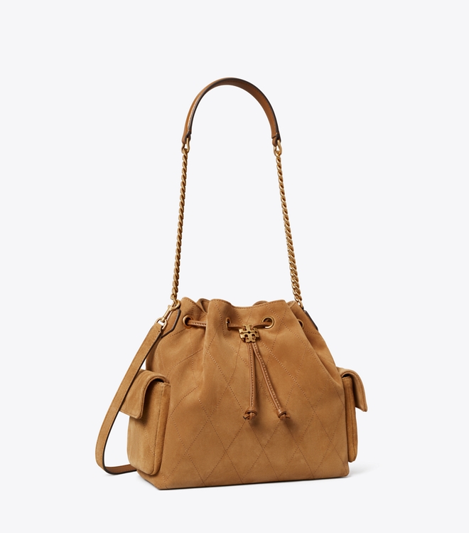 Charlie Quilted Suede Drawstring Shoulder Bag