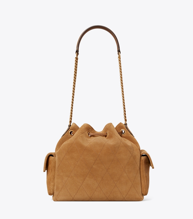 Charlie Quilted Suede Drawstring Shoulder Bag