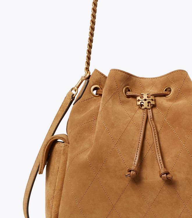 Charlie Quilted Suede Drawstring Shoulder Bag
