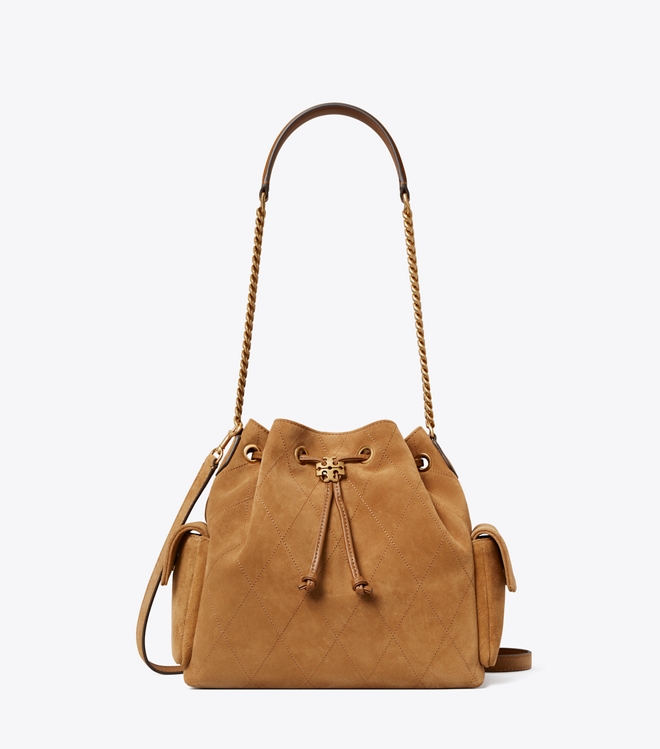 Charlie Quilted Suede Drawstring Shoulder Bag