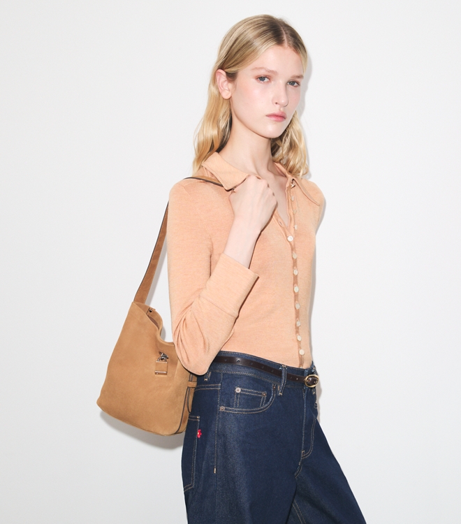 Medium Lock Suede Slim Bucket Bag