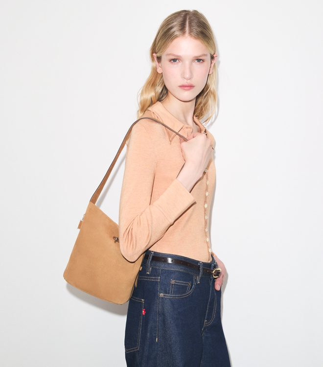 Medium Lock Suede Slim Bucket Bag