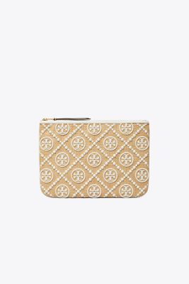  T Monogram Embroidred Straw Pouch