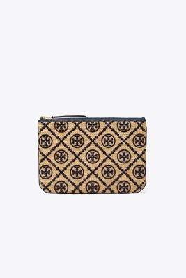  T Monogram Embroidred Straw Pouch