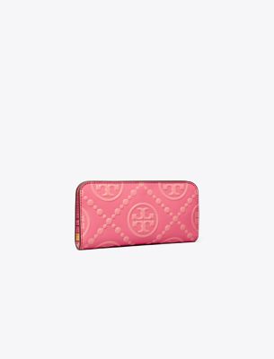 Tory Burch Women's T Monogram Contrast Embossed Zip Slim Wallet in Longan/New Cream, One Size