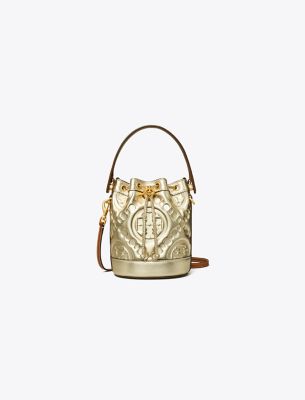 T Monogram Embossed Metallic Mini Bucket Bag