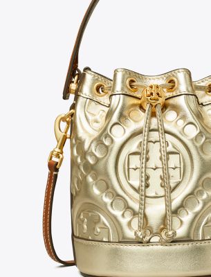 T Monogram Embossed Metallic Mini Bucket Bag