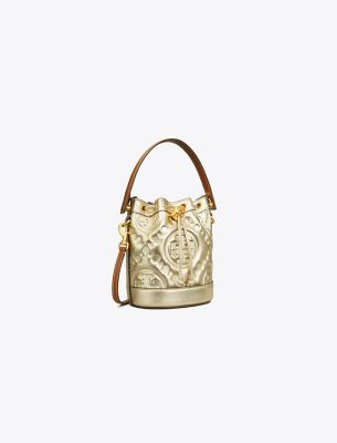 T Monogram Embossed Metallic Mini Bucket Bag