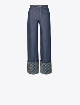  T Monogram Contrast Cuff Straight Leg Jean