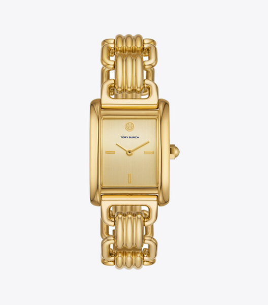 Clean-lined and elegant. The new Eleanor watch features a geometric case, an oversized Double T clasp and a classic link bracele