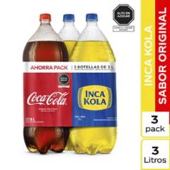 INCA KOLA - Pack de Gaseosa Coca-Cola Sabor Original 3 L + Inka Kola Sabor Original 3 L
