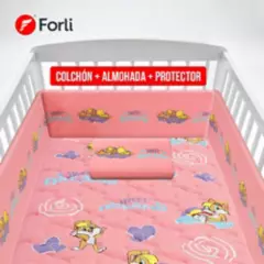 FORLI - Colchón Looney tunes Baby Cuna Rosado + 01 Almohada + Protector