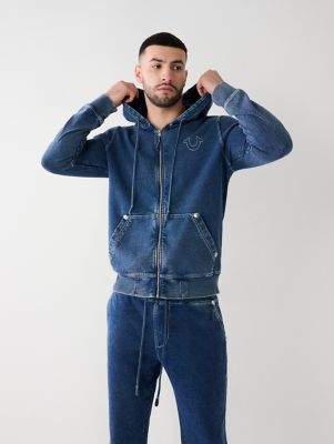 True Religion Textured Logo Full Zip Hoodie in Blue for Men