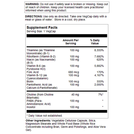 Supplement Facts label for Solaray Vitamin B-Complex 100 Capsules
