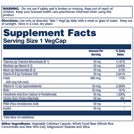 Supplement Facts label for Solaray Vitamin B-Complex for Energy Support 50 MG