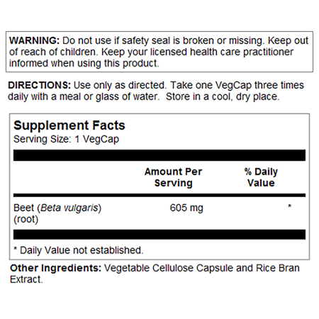 Supplement Facts label for Solaray Beet Root 605 MG capsules