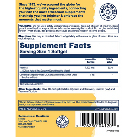 Solaray Food Carotene Supplement Facts 25,000 IU Vitamin A