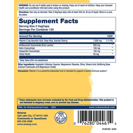 Supplement Facts label for Solaray Buffered Super Bio C 1000 MG