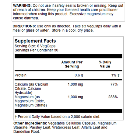 Supplement Facts label for Solaray Calcium Magnesium Citrate