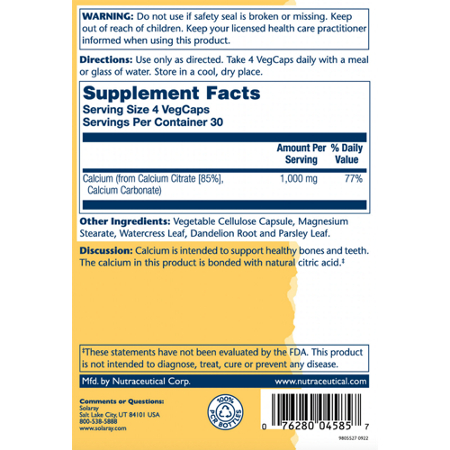 Supplement Facts for Solaray Calcium Citrate 1000 MG