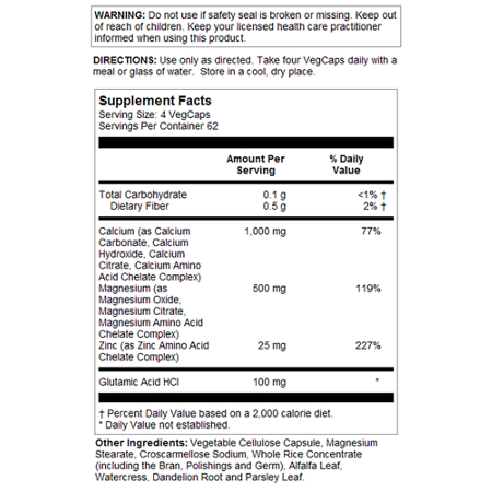 Supplement Facts label for Solaray Calcium Magnesium Zinc