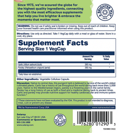 Supplement Facts label for Solaray Garlic and Parsley 530 MG