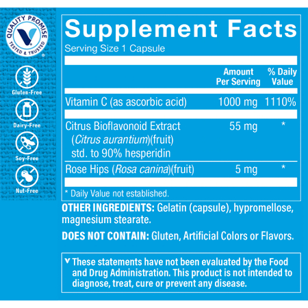 Supplement Facts label for Vitamin C-1000 Complex Capsules 1000 MG