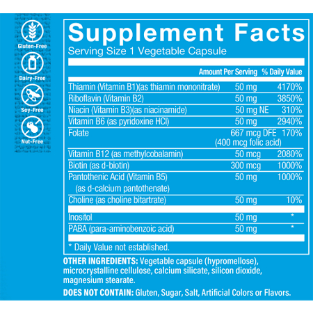 B-Complex 50 Vitamin Supplement Facts Label