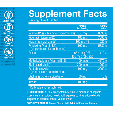 Supplement Facts label for Vitamin B-Complex 100 Tablets