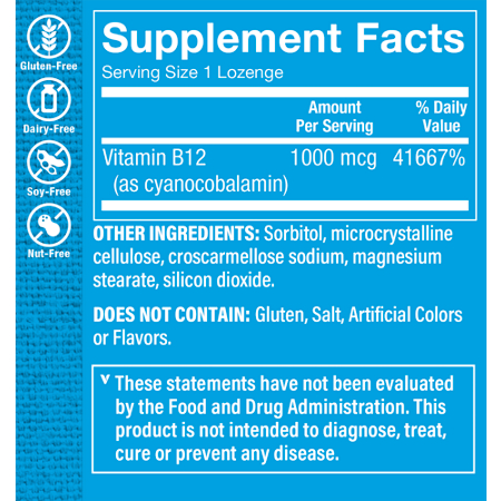 Vitamin B12 1000 MCG Supplement Facts Label