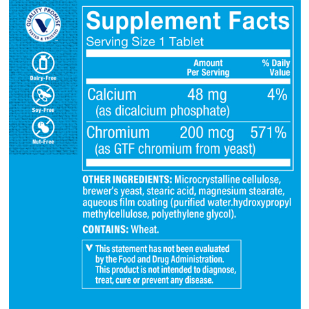 Supplement Facts label for GTF Chromium 200 MCG tablets