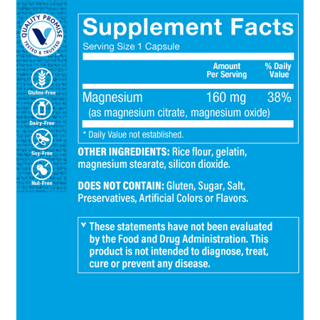 Supplement Facts label for Magnesium Citrate Complex capsules 160 MG
