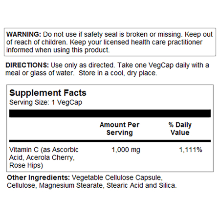 Supplement Facts label for Solaray Vitamin C 1000 MG Vegetarian Capsules