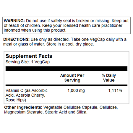 Supplement Facts label for Solaray Vitamin C 1000 MG Vegetarian Capsules