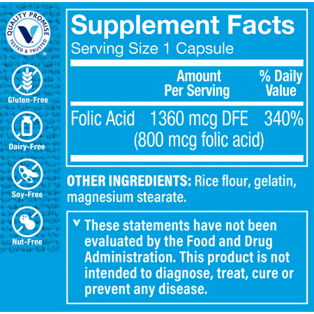 Folic Acid Prenatal Capsules 800 MCG Supplement Facts