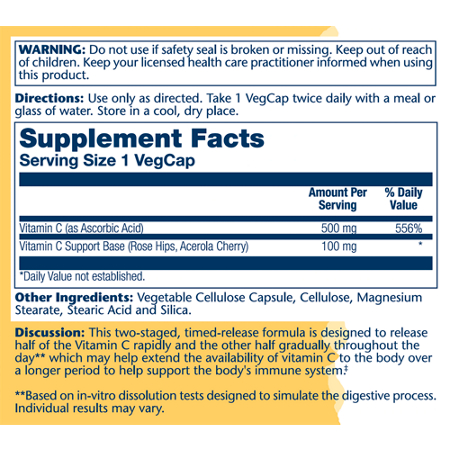 Supplement Facts label for Solaray Vitamin C 500 MG