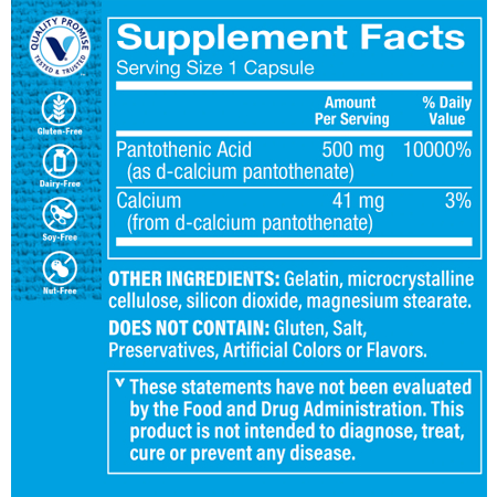 Supplement Facts: Pantothenic Acid B5, 500 MG Capsules