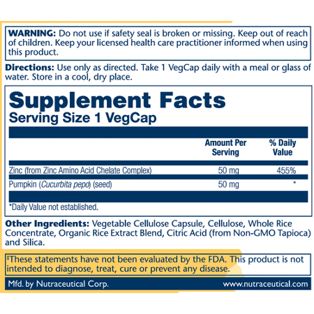 Supplement Facts label for Solaray Zinc Full Range Amino Acid Chelate 50 MG
