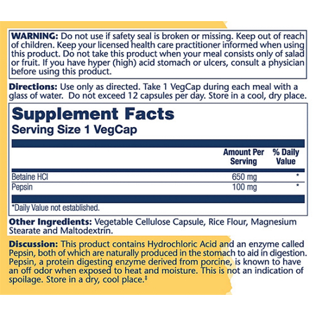 Supplement Facts label for Solaray Betaine HCL with Pepsin 650 MG