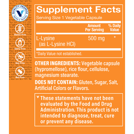 L-Lysine 500mg Supplement Facts Label