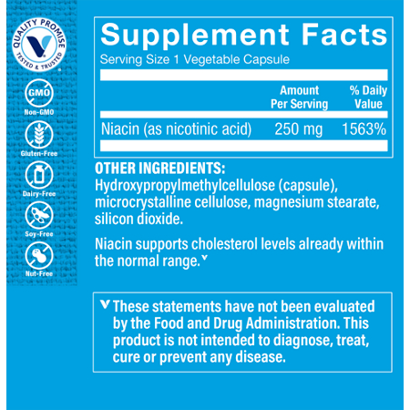 Supplement Facts label for Niacin Cholesterol Support Vegetable Capsules 250 MG