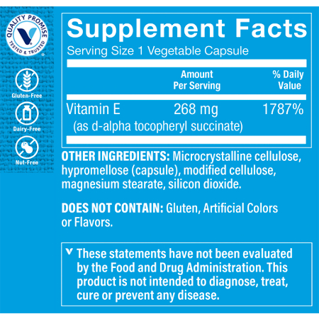 Supplement Facts label for Dry Vitamin E Cardiovascular & Immune Support 268 MG